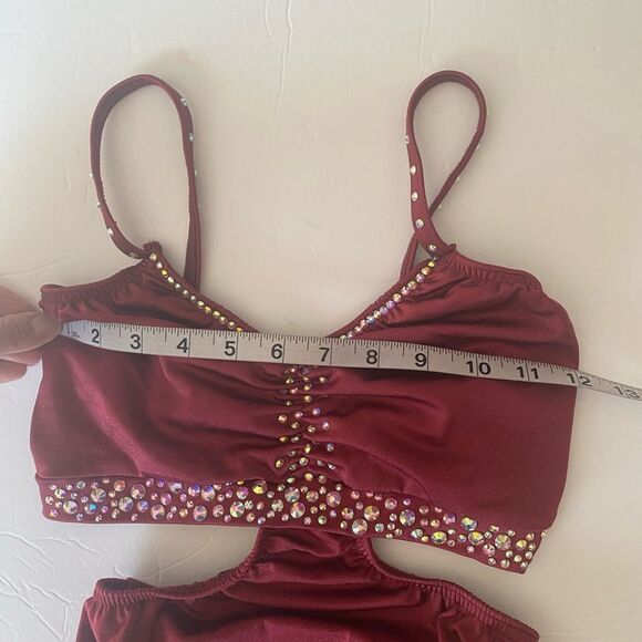 Kelle custom solo rhinestone 2 piece style leotard Dance Costume burgundy red MA - Picture 8 of 11